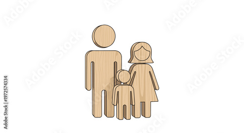 Meticulously crafted wooden family figurines standing together against a pristine white background with soft natural shadows and timber grain textures.