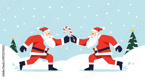 Two cheerful Santa Claus characters in red suits run through a snowy winter landscape while holding a large candy cane between them.