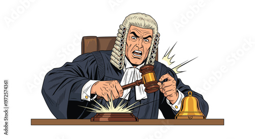 Angry judge wearing a traditional white wig and black robes bangs a wooden gavel on a desk to maintain order in a court of law.