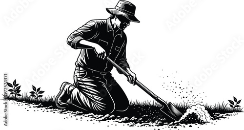 Gardener kneeling with shovel, planting in soil, wide brim hat worker, nature connection, outdoor gardening activity, black and white vector illustration