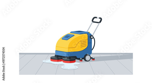 Professional industrial floor scrubbing machine with rotating brushes cleaning a grey tiled surface while leaving a visible trail of soapy water behind.