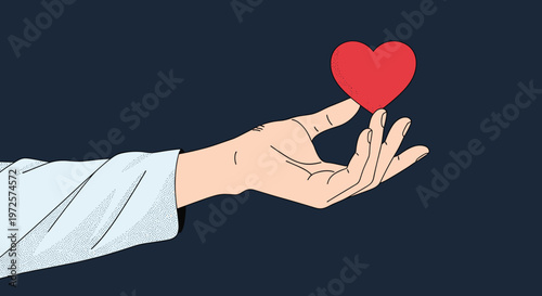 Hand in a white shirt sleeve reaches out to hold or touch a floating red heart against a dark navy blue background.
