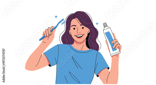 Cheerful young woman with long purple hair holds a blue toothbrush and a tube of toothpaste while smiling in a health and hygiene theme.