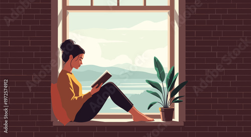 Peaceful woman sits on a brick windowsill reading a book while looking out at a calm mountain and lake landscape during a quiet afternoon.