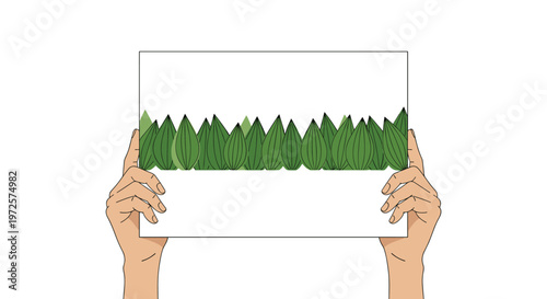 Two hands hold up a rectangular white banner that features a dense row of green leaf shapes across its middle section.