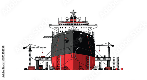 Enormous black and red cargo vessel undergoing maintenance in a specialized dry dock facility surrounded by tall industrial cranes and scaffolding sets.
