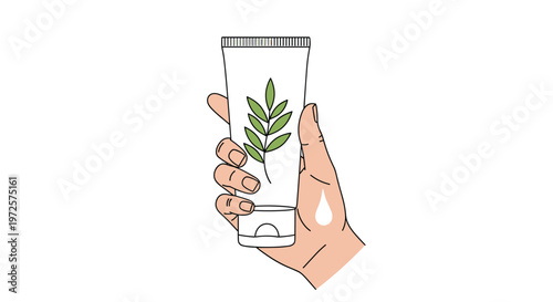 Hand holds a white tube of natural cosmetic product with a green leaf illustration and a water drop symbol on the skin.