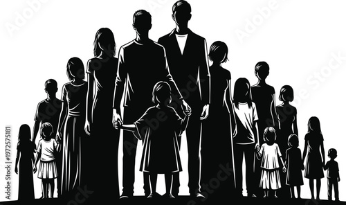 A stark black and white illustration depicts a large group of figures seemingly a family or collective standing closely together