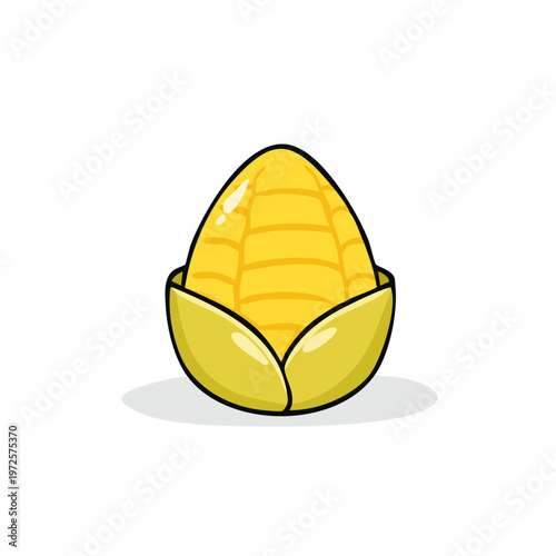 Stylized cartoon ear of corn with yellow kernels and green husk isolated on a white background