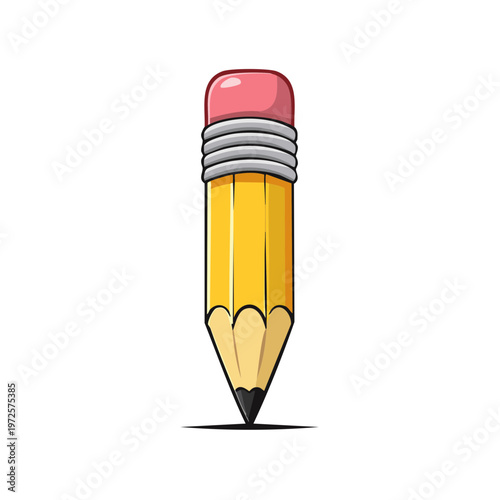 Yellow sharpened pencil with pink eraser and graphite tip, ready for drawing and writing, simple cartoon illustration.