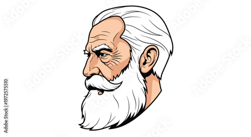 Detailed profile view of a wise elderly man with a long white beard and white hair against a clean white background in illustration style.