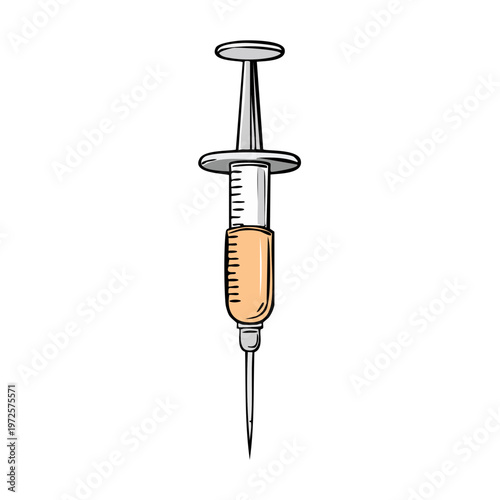 Illustration of a medical syringe filled with orange liquid and sharp needle