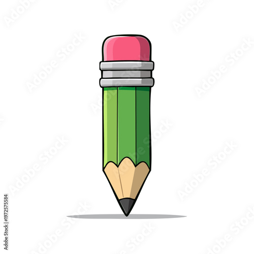 Simple green pencil with pink eraser and sharp lead for drawing and writing
