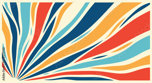 Abstract background design consists of multiple wavy and radiating lines in primary colors of red blue and yellow on a cream field.