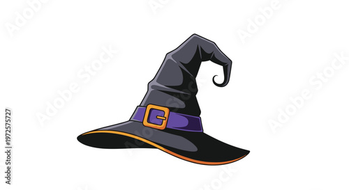Classic black witch hat with a purple band and gold buckle isolated on a white background for halloween celebration.