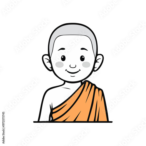 Smiling young Buddhist novice monk in traditional saffron robe wearing shaved head