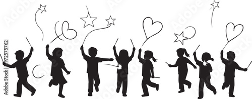 Children silhouette with magic wands vector illustration
