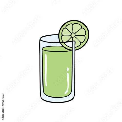 Refreshing green juice in a tall glass with a lime slice garnish simple illustration