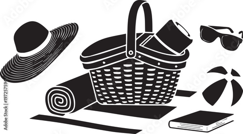 Summer picnic set silhouette vector illustration with hat and book