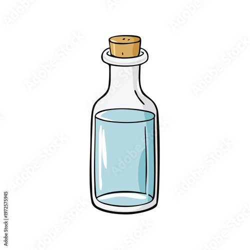 Glass bottle with cork stopper filled with light blue liquid