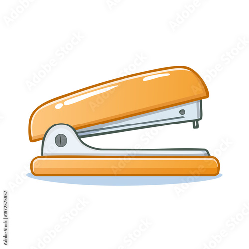 Office stapler tool for fastening paper documents in an orange color with a clean cartoon style illustration