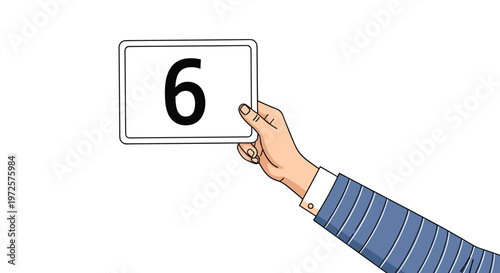 Hand in a blue striped suit sleeve holds up a small white card with the number six printed clearly on its surface.