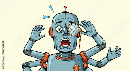 Retro style robot with multiple arms and a monocle looking shocked and confused with a worried facial expression.