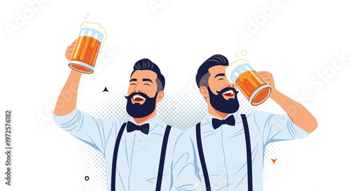 Two happy bearded men in shirts and suspenders cheering and drinking large mugs of cold beer in a retro style.
