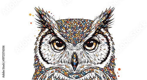 Majestic owl head is illustrated with a vibrant and complex mosaic of colorful paint splatters and geometric shapes on white.