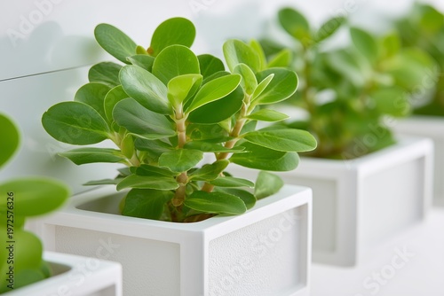 Minimalist vertical wall garden with lush green plants in white geometric pots.