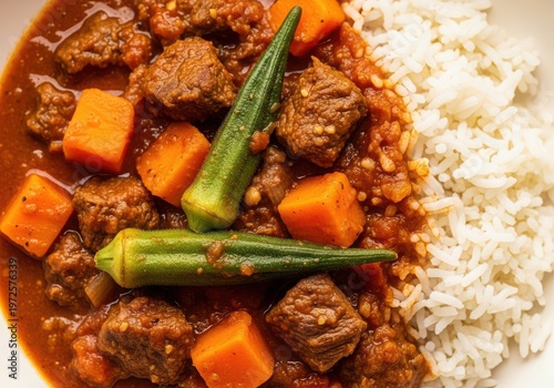 Beef stew with okra and carrots served with white rice in a bowl