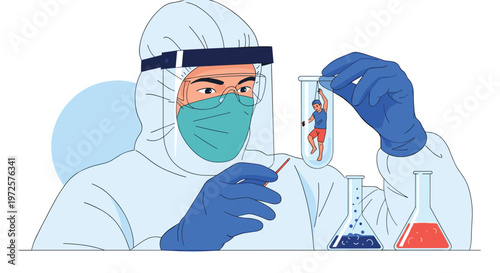 Scientist in protective gear and face shield examining a tiny miniature man trapped inside a glass test tube in a lab.