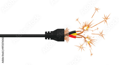 A damaged black electrical power cord shows exposed internal copper wiring emitting dangerous bright orange sparks against a stark white background with sharp details.