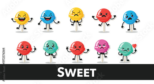 Collection of colorful lollipop characters with various emotional faces and poses sitting above the word sweet.