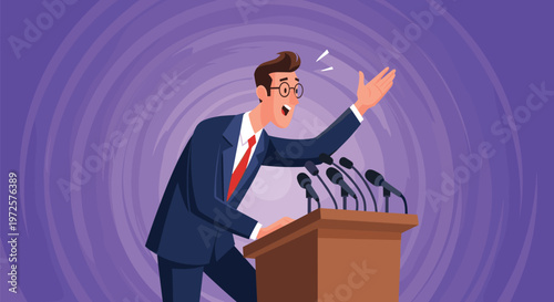 Passionate politician or businessman in a suit and tie speaking at a wooden podium with multiple microphones.