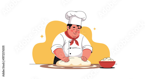 Friendly male chef in a traditional white uniform and hat kneading fresh bread dough on a table in a warm kitchen.