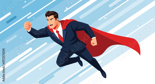Powerful businessman in a suit and red cape flying through the air like a superhero against a fast motion background.