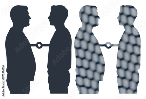 Two silhouetted figures connected by a chain symbolizing linkage and shared destiny.