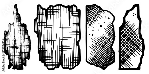 Abstract textured wood fragments and stone blocks with hand drawn hatching style