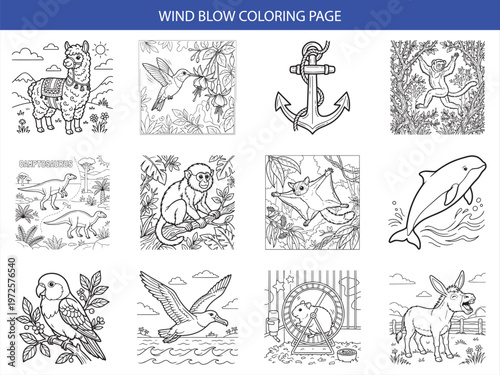 Wind blow coloring page featuring llamas hummingbirds monkeys and prehistoric dinosaurs for children creative coloring activities