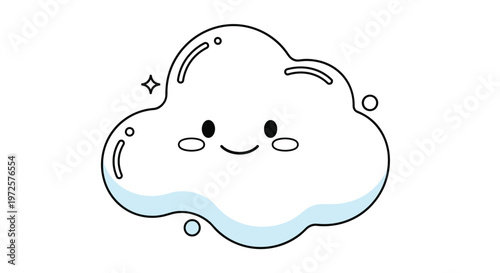 Cute cartoon cloud character with a happy face and rosy cheeks, featuring sparkles on a white background for kids design.