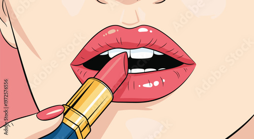 Close up view of a woman mouth with red nails applying red lipstick to her full lips in a classic comic book style.