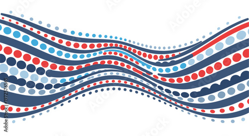 Dynamic abstract pattern of flowing blue and red waves composed of dots and lines on a clean white background.