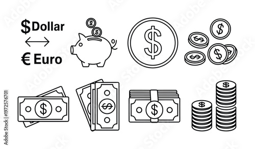 Vector of various dollar and euro currency symbols and coins in a simple graphic design