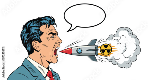 Man in a suit shouting a nuclear rocket with a radiation symbol and smoke trail from his mouth in a comic style.