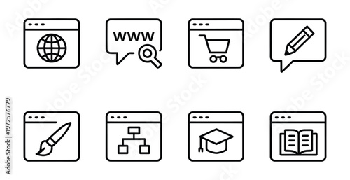 Vector graphic illustration of eight different browser window icons in a two-row layout