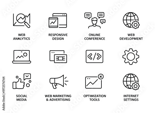 Vector graphic illustration of various web development and optimization tools in a single image