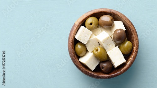 Top-down view of a wooden bowl filled with cubes of herbed feta cheese and green olives on a light blue background with fresh leaves.
