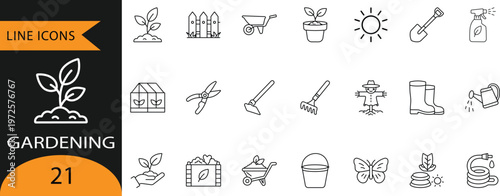 Gardening Line Icons Set with Plant, Watering Can, Shovel, and Wheelbarrow.

