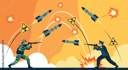 Soldier and policeman in a futuristic battle with flying nuclear missiles and explosions against an orange sky.